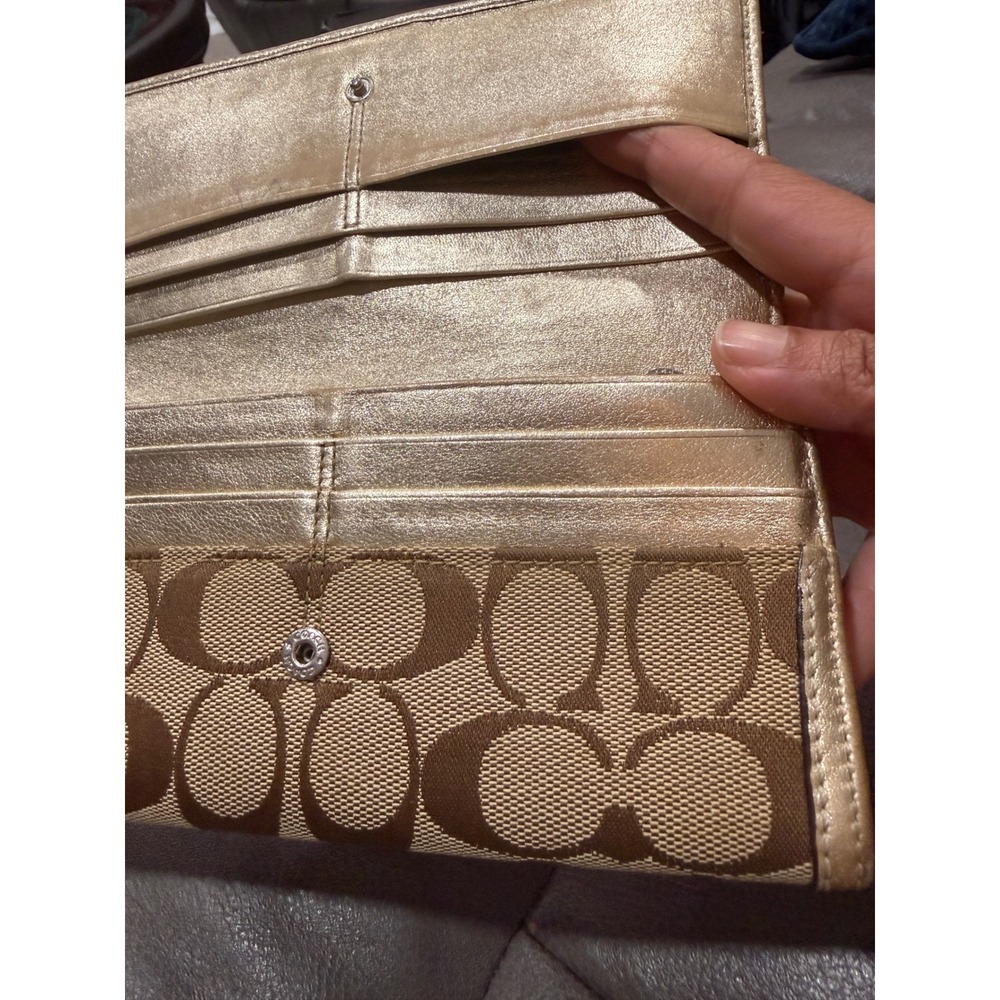 Coach Signature C Monogram Canvas Long Tri-Fold Wallet Metallic Gold Leather - Picture 8 of 13